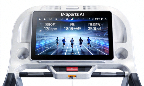 B-Sports AI智能跑步机正面展示图，屏幕显示实时生物数据与虚拟跑道
