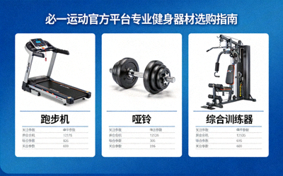 必一运动官方平台专业健身器材选购指南展示图，包含跑步机、哑铃、综合训练器等