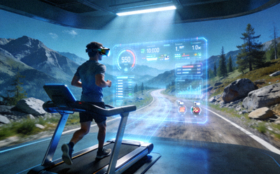 概念图：用户佩戴MR眼镜在智能跑步机上，眼前显示虚拟山地赛道与竞赛数据