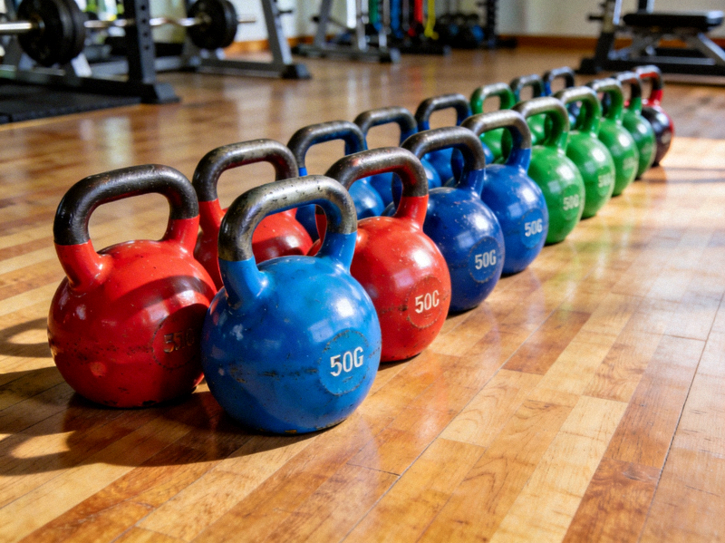 壶铃整齐摆放在健身房地板上，不同重量颜色各异