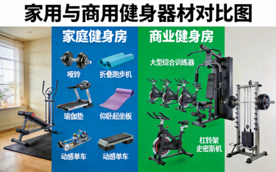 家用与商用健身器材对比图，左侧为家庭健身房，右侧为商业健身房