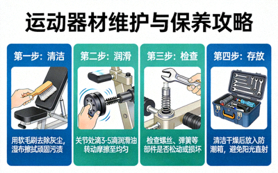 运动器材维护与保养攻略图，展示清洁、润滑、检查、存放等步骤
