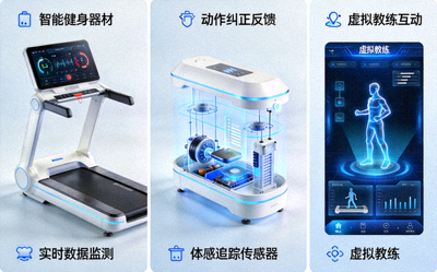 智能健身器材科技解析图，展示带屏幕的智能器械、体感追踪和虚拟教练