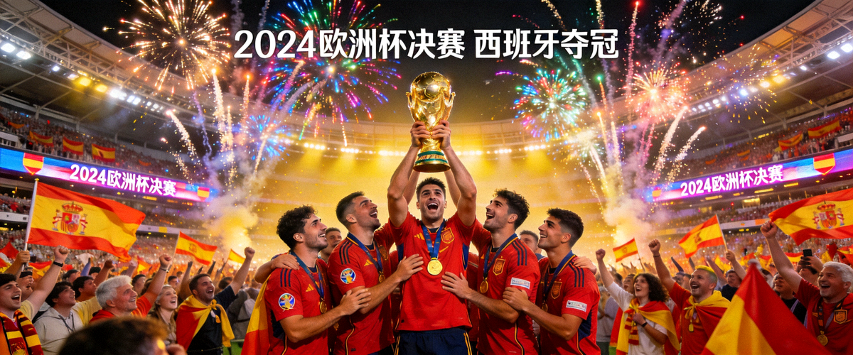 2024年欧洲杯决赛现场，西班牙队庆祝夺冠，球员高举奖杯，体育场内烟花绽放，观众欢呼雀跃