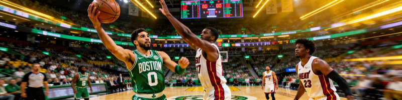 NBA凯尔特人对阵热火比赛现场，球员正在进行投篮